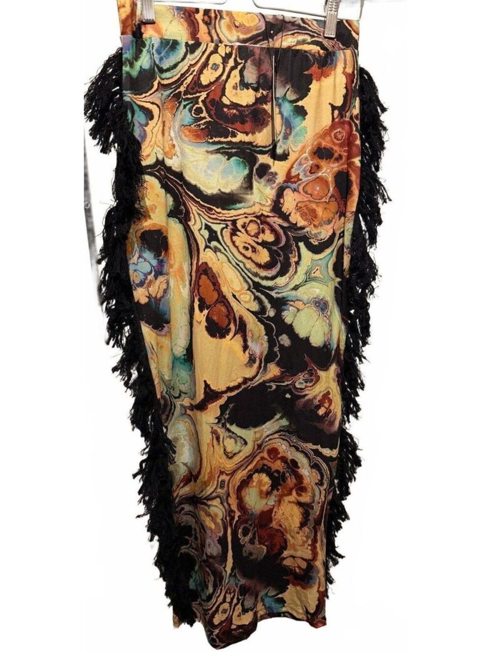 Abstract Print Fringe Midi Skirt